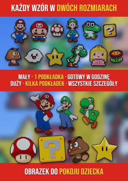 Ten sam wzór Super Mario w dwóch rozmiarach: mały na 1 podkładkę i duży na kilka podkładek
