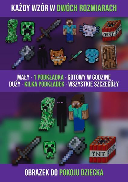 Ten sam wzór Minecraft w dwóch rozmiarach: mały na 1 podkładkę i duży na kilka podkładek